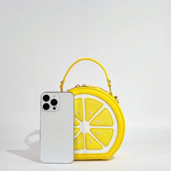 Yellow Casual Women's Fruit Shaped Crossbody Y2k Sequin Patchwork Shoulder Bag - Picture 4 of 11